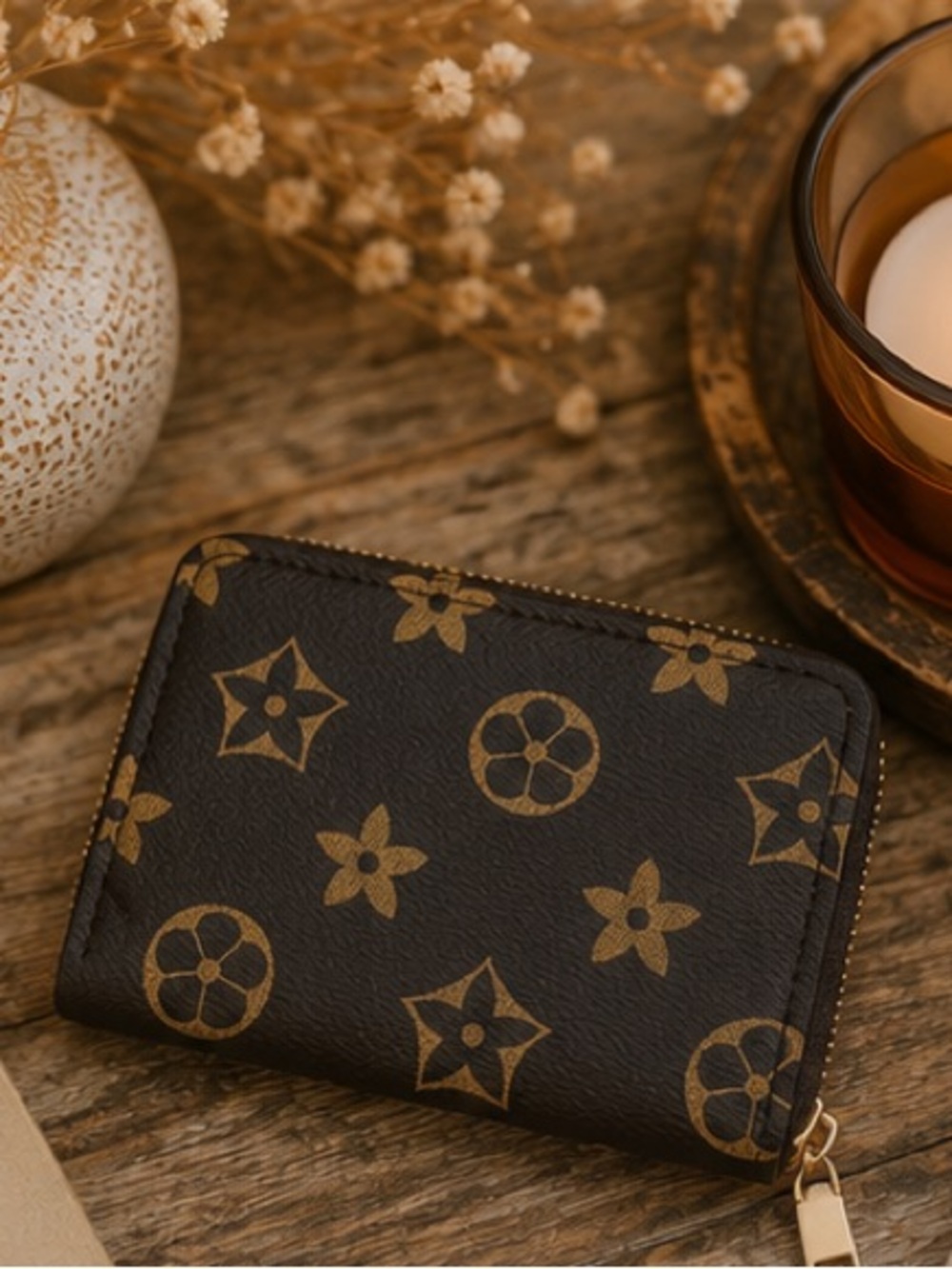 Brown Monogram Zip Wallet | Compact Faux Leather Card Holder|Designer Inspired